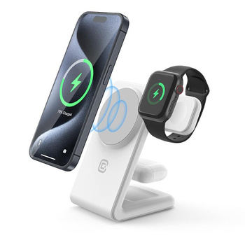 Crong MagSpot™ Pivot Stand - Ładowarka bezprzewodowa 3w1 z MagSafe do iPhone, Apple Watch i AirPods (biały)